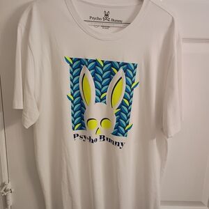 Psycho Bunny White Tee with Neon Yellow and Blue Leaf Graphic